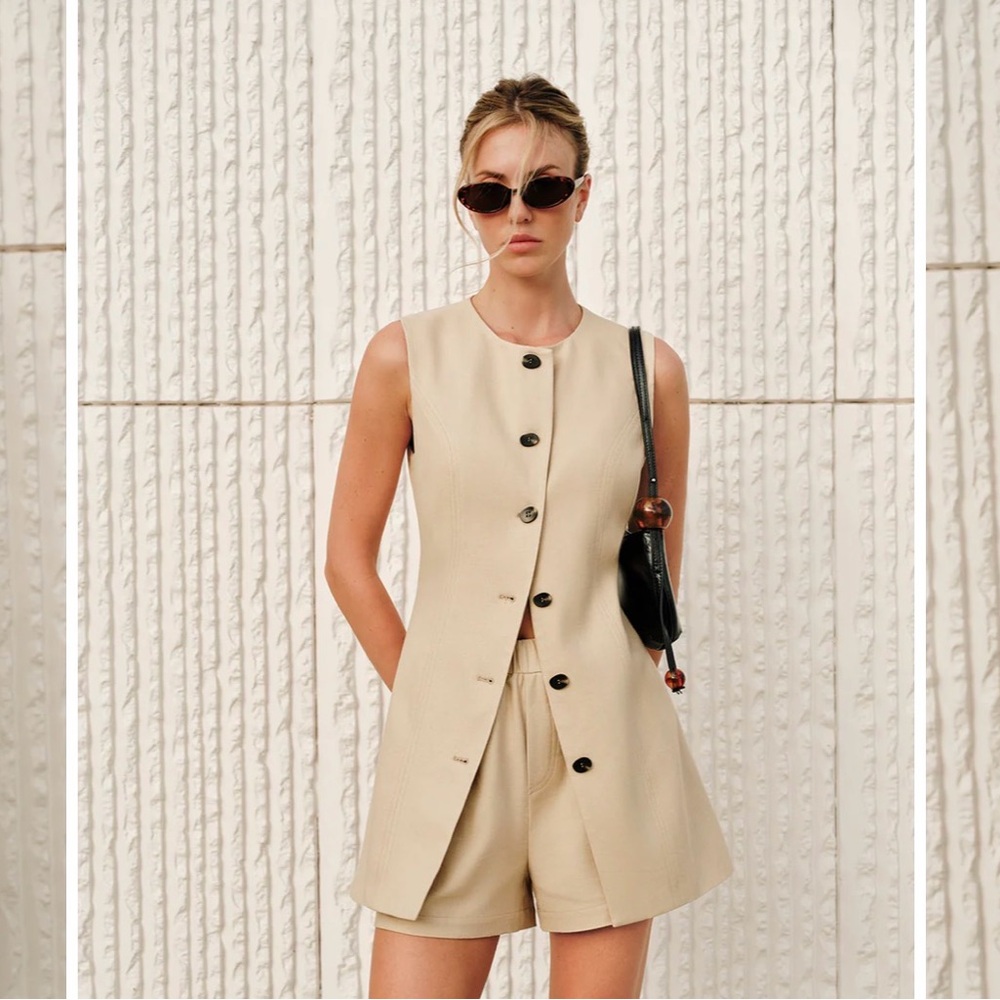 Commense - Beige / Khaki Sleeveless Vest and Shorts Set - XS